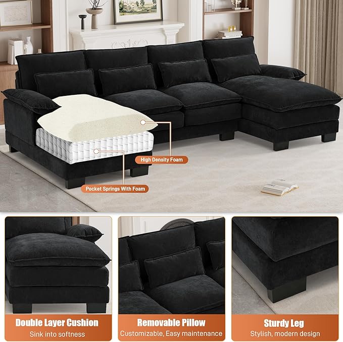 ONEMMLION U Shape Cloud Couch Sectional Sofa for Living Room, 110" Modern Chenille Comfy Cloud Sofa, 4 Seat Upholstered Modular Sofa with Memory Foam & Double Chaise, Jet Black