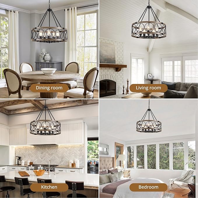 Farmhouse Chandelier for Dining Room 5-Light Black Rustic Drum Chandeliers 20" Wood Texture Adjustable Pendant Light Fixture for Kitchen Island Entryway Bedroom Hallway