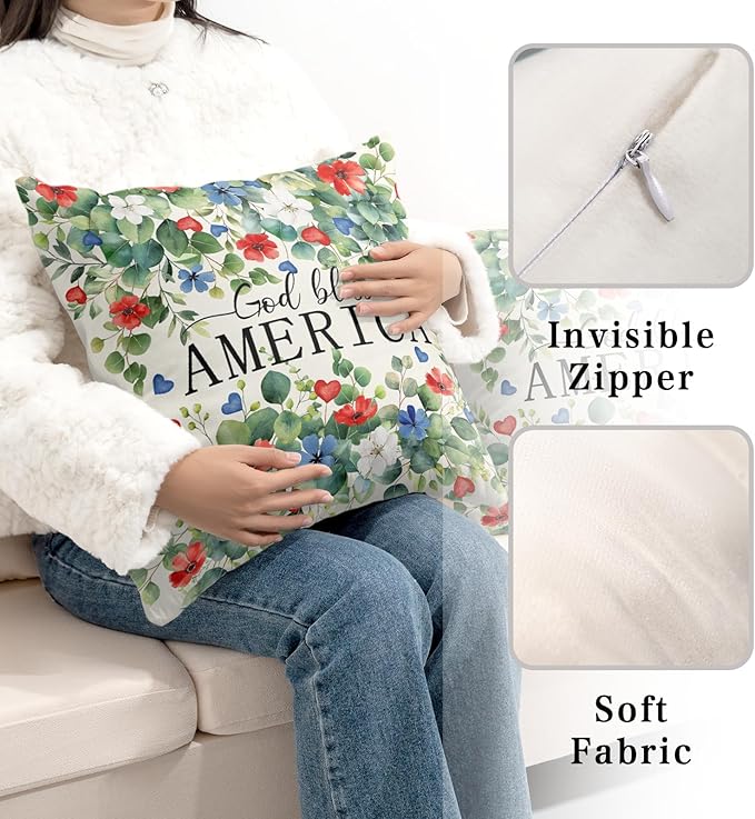 4th of July Throw Pillow Covers God Bless America Pillow Cases Red White Blue Flower Patriotic Pillow Covers 16x16 Set of 2 Memorial Day Cushion Cases for Home Porch Patio Garden