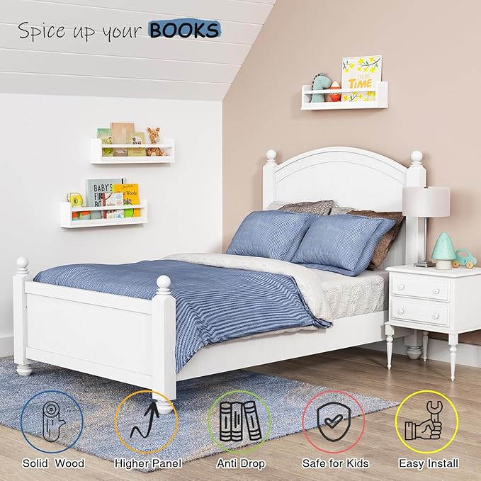 White Wall Bookshelf for Kids Room, 24 Inch Toddler Nursery Bookshelf Wall Mounted for Baby Boy Girl Bedroom, Floating Childrens Book Shelves with Hanging Rod for Books - Set of 3