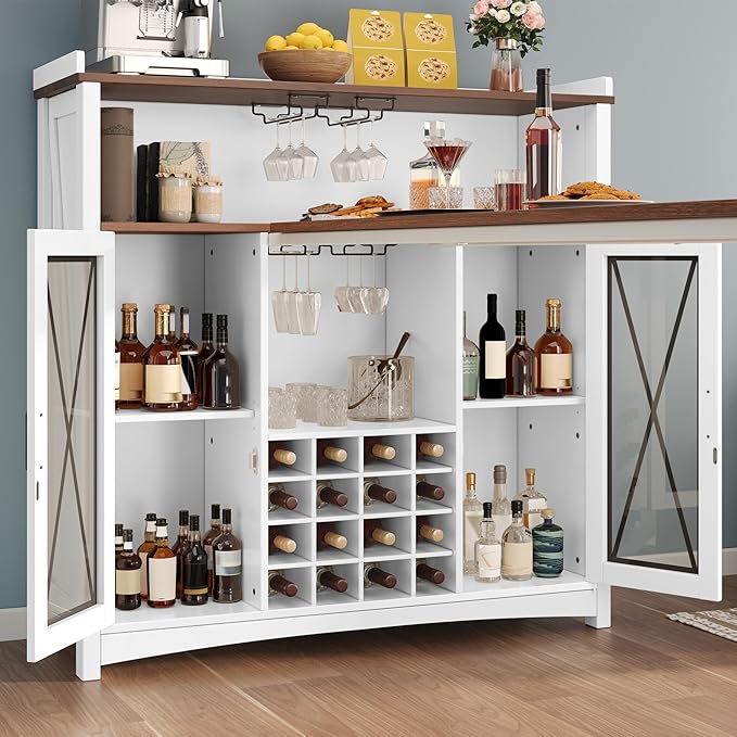 YITAHOME Mini Home Bar Unit with Wine Bar Cabinet & LED Light, Tall Height Large Bar Table with Wine Rack, Farmhouse Coffee Cabinet with Storage Glasses Hanger Footrest for Home Kitchen Pub, White