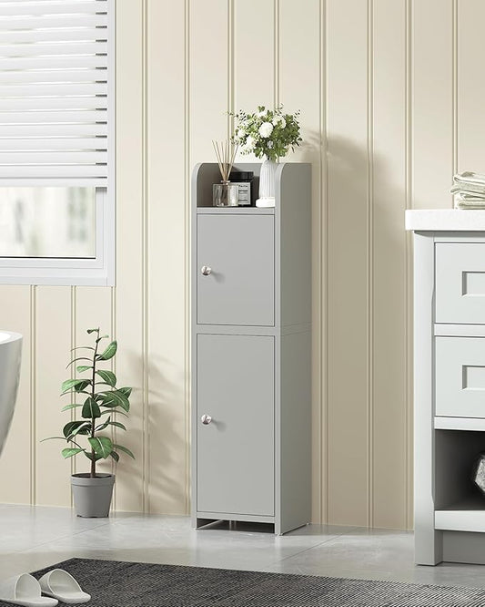 TEENFON Small Bathroom Storage Cabinet, Storage Cabinet with Doors and Adjustable Shelves, Corner Bathroom Cabinet, Narrow Cabinets for Small Spaces, Grey