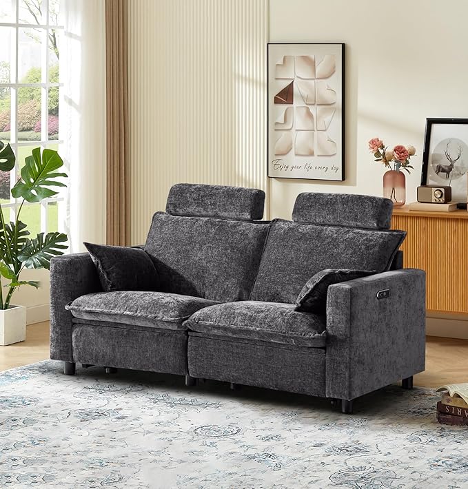 Power Reclining Loveseat with USB Ports, Chenille Fabric Upholstery, Removable Headrests & Throw Pillows, 2-Seater Recliner Sofa for Living Room (Grey)
