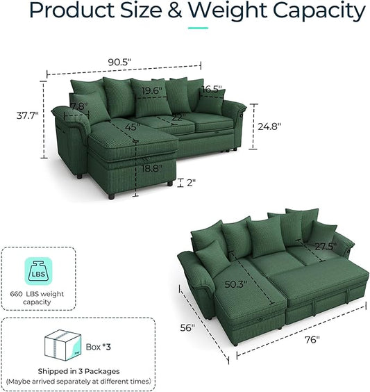 LINSY HOME 90.5'' Sectional Sleeper Sofa with Pull Out Couch Bed Modular (Green, 90.5'') | USB Charging, Pillow-style Armrest, Multiple Cushions, Storage Chaise, Corduroy Fabric