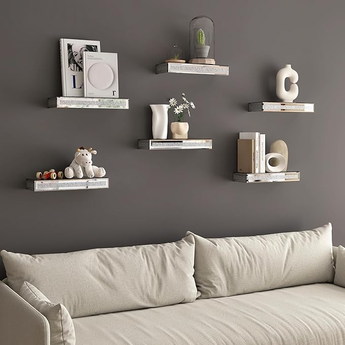 SHYFOY Mirrored Floating Shelves Set of 6, Bling Shelves for Wall Decor, Silver Glass Shelf for Bedroom, Bathroom Storage Shelves, Book Shelves for Living Room