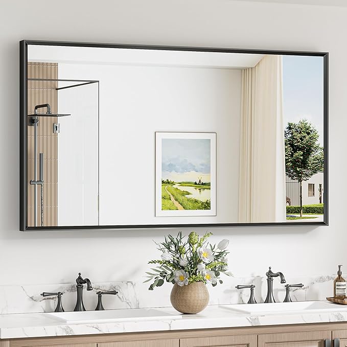 Keonjinn 55 x 30 Inch Black Bathroom Mirrors for Over Sink, Beveled Rectangle Framed Mirrors for Wall, Black Bathroom Vanity Mirror, Tempered Glass, Square Corner, Farmhouse Style