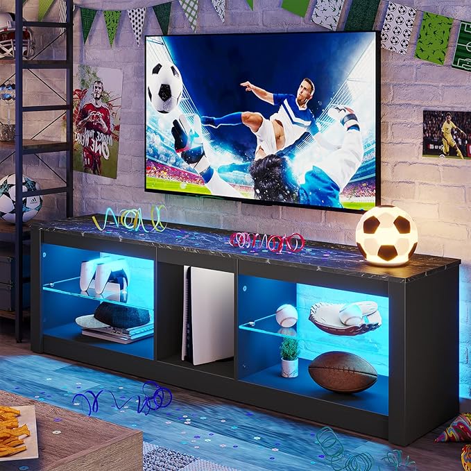 Bestier LED Gaming TV Stand for 55 Inch TV, Entertainment Center with Adjustable Glass Shelves, Modern TV Console for Living Room & Bedroom, Black Marble