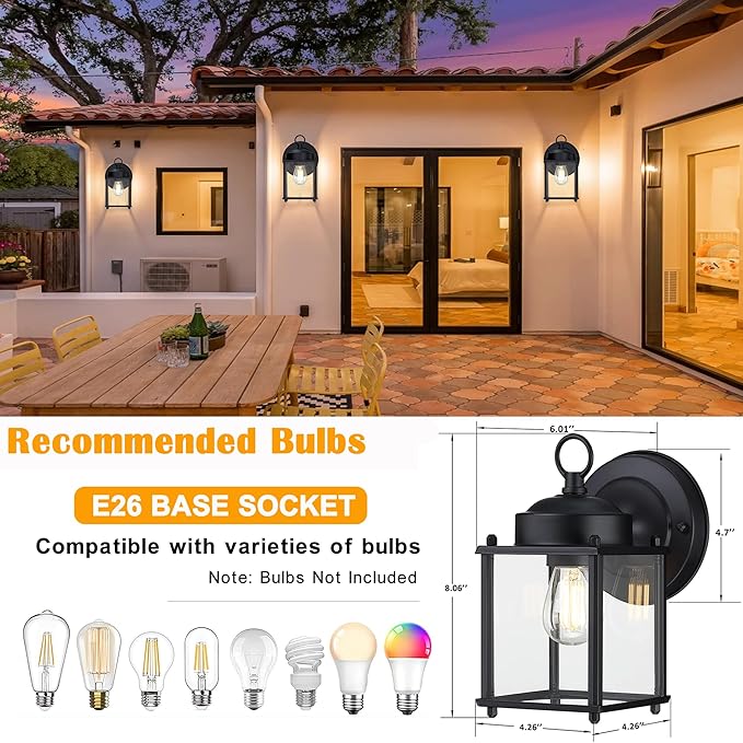 Outdoor Wall Lantern, Exterior Waterproof Wall Sconce Light Fixtures, Black Front Porch Lights with Clear Glass, Anti-Rust Metal Outside Lighting Fixture for House Doorway Garage, 2-Pack