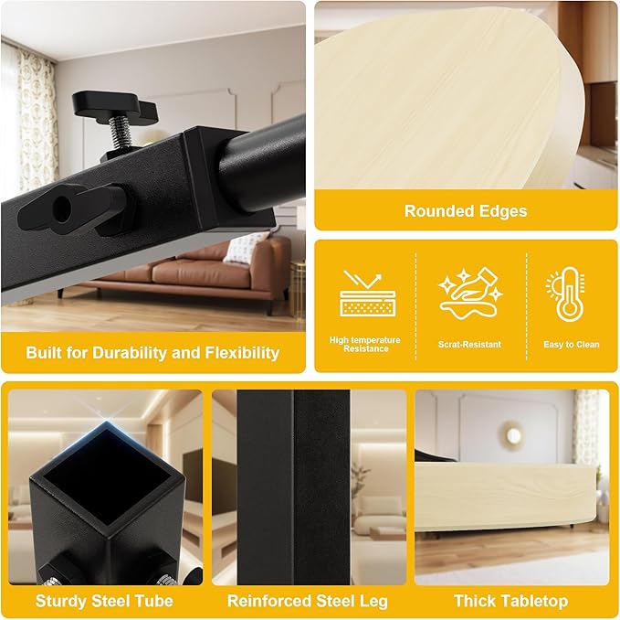 C Shaped End Side Table with Anti-Drop Rod, Adjustable Height & 360° Swivel Snack Table for Couch, Sofa, Bedroom, Living Room, TV Tray Table for Eating, Dinner or Laptop, Small Spaces, Wood