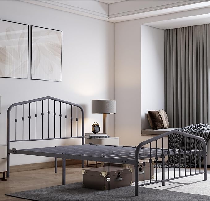 Washington Queen Metal Bed Frame with Headboard and Footboard Platform/Wrought Iron/Heavy Duty/Metal Slat/Grey Silver/No Box Spring Needed