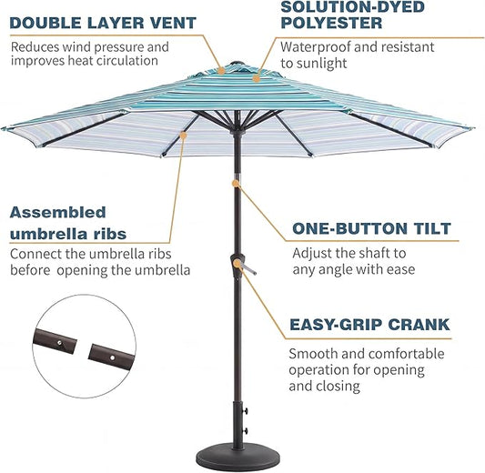 10FT Patio Umbrella, Outdoor Umbrella with Push Button Tilt and Crank, 8 Sturdy Ribs, UV Protection & Waterproof Market Umbrella for Pool, Backyard, Beach,Deck (Blue Green Stripes)