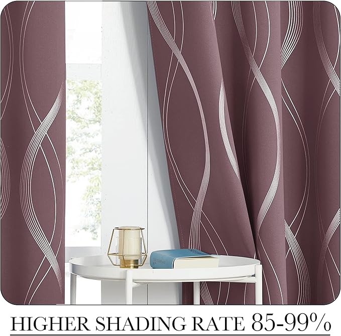 NICETOWN Dry Rose Blackout Curtain Panels 84 for Living Room and Bedroom 2 Panels, 52 x 84, Noise Reducing Thermal Insulated Wave Line Foil Print Design Window Treatments for Patio Sliding Glass Door