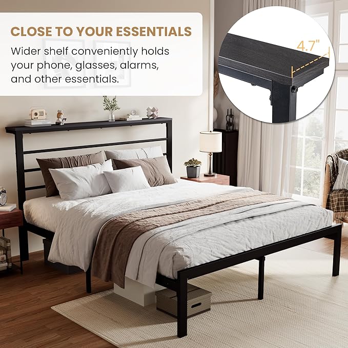 SHA CERLIN Full Size Bed Frame with Headboard Shelf and Strong Metal Foundation, No Box Spring Needed, Black
