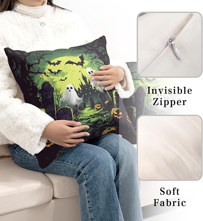 2 Pack Halloween Pillow Covers 22x22 Graveyard Ghost Throw Pillow Covers Horror Spooky Green Full Moon Night Pillow Case Bat Pumpkin Cushion Case for Holiday Party Decor Couch Sofa