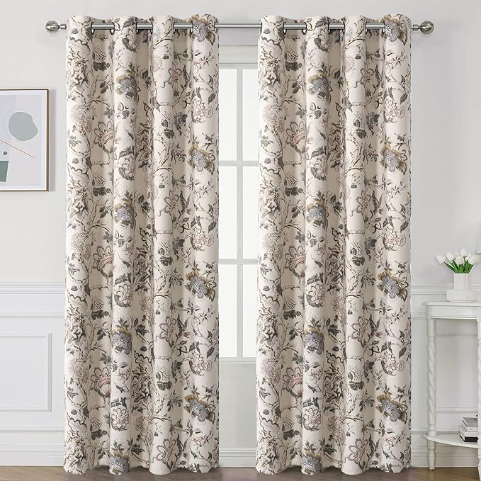 H.VERSAILTEX Blackout Curtains 96 Inch Length 2 Panels Set Floral Print Curtain Drapes for Living Room Thermal Insulated Grommet Window Curtains for Bedroom - Traditional Floral in Sage and Brown