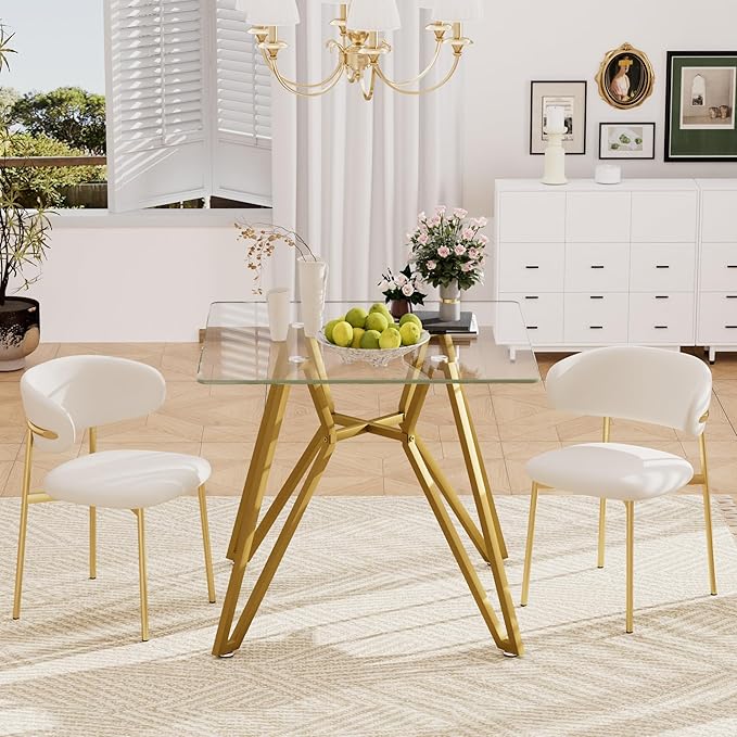 KEIKI 35.4-inch Square Tempered Glass Dining Table, Suitable for 2-4 People, Space-saving Small Kitchen Dining table, Equipped with Sturdy Metal Table Legs, Suitable for Dining Room, Living Room, Gold