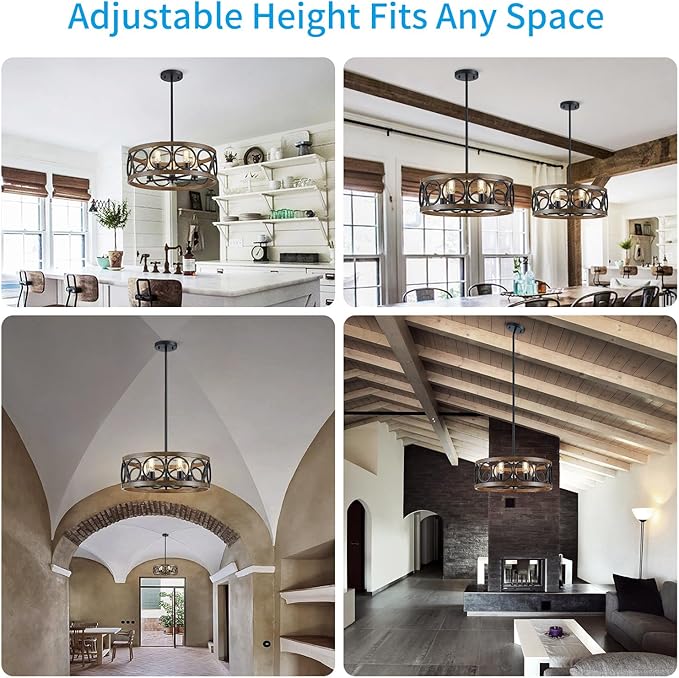 XINGQI Modern Farmhouse Chandelier 5 Lights Black Wood Grain Dining Room Pendant Lighting Fixture 21.7" Drum Chandelier for Living Room Entryway Bedroom