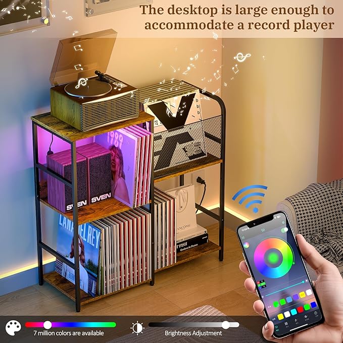 Record Player Stand with Power Outlets, Turntable Stand with Vinyl Storage Holds up to 300+ Albums, Storage Cabinet for Vinyl Records, Record Player Table with LED Light for Living Room