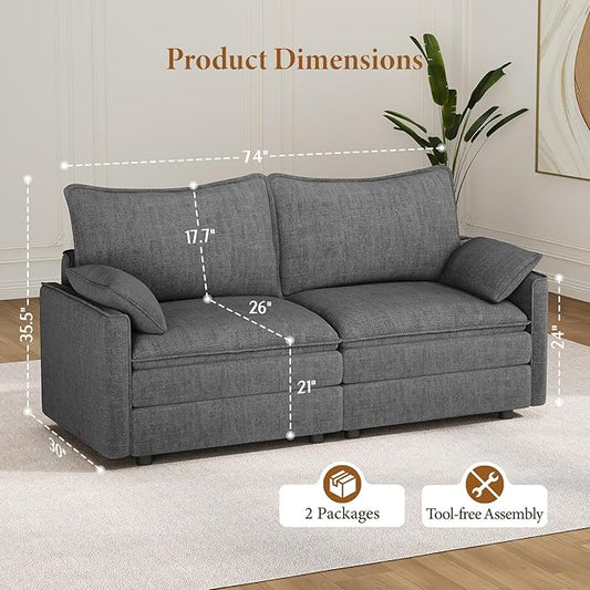 Vesgantti 74" Loveseat Sofa for Living Room, Comfy Cloud Couch Deep Seat Chenille Modern 2 Seater Small Sofa with Armrest Pillow, Easy Assembly for Small Spaces, Gray | Sink-in Comfort, Height Adjustable, Easy Rearrangement, Extra-deep Ottoman, Solid W...