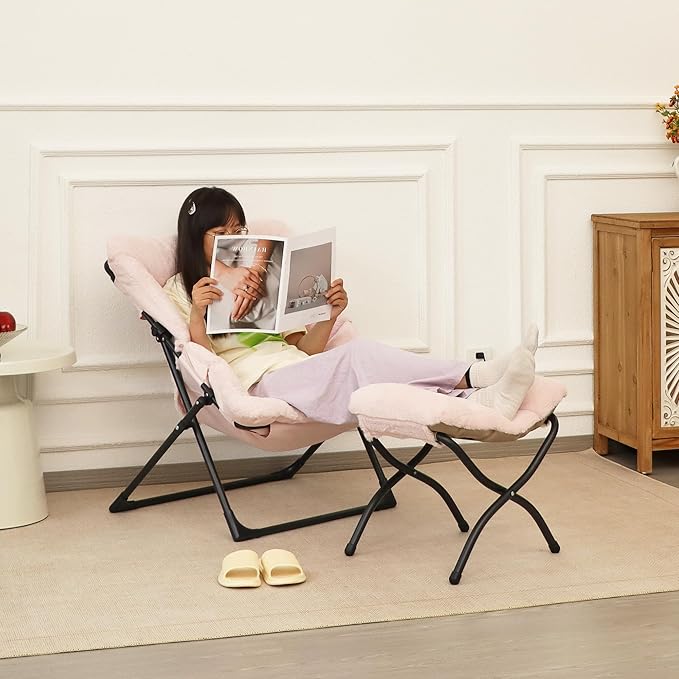 Comfy Saucer Chair for Adults, Soft Faux Fur Bedroom Chair, Accent Dorm Chairs, Flexible Living Room Reading Chairs, Oversized Folding Seat for Teens, X-Large, Light Pink