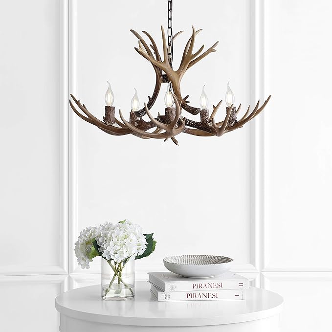 JONATHAN Y 26" Brown Rustic Resin Antler 4-Light LED Chandelier, Farmhouse Faux Deer Horn Hanging Ceiling Light for Dining Room, Kitchen Island, Adjustable Light Fixture (JYL6300A)