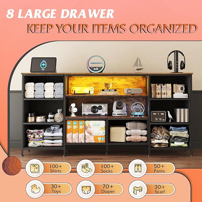 WLIVE TV Stand Dresser for 65,70 inch TV, Entertainment Center with LED Lights & 8 Long Fabric Drawers, Dresser TV Stand for Bedroom and Living Room, Rustic Brown