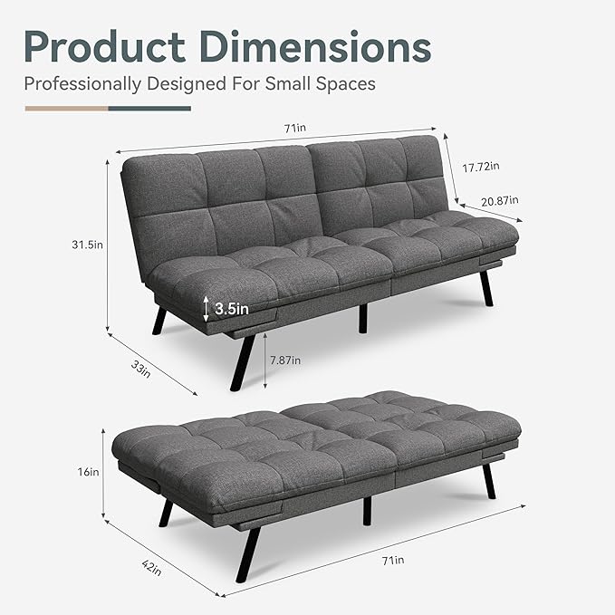 Futon Sofa Bed Convertible Couch, Grey Linen Sofa Bed with Memory Foam, Adjustable Backrest & Armrests, Multifunctional Small Loveseat Sleeper Sofa for Living Room, Apartment, Office