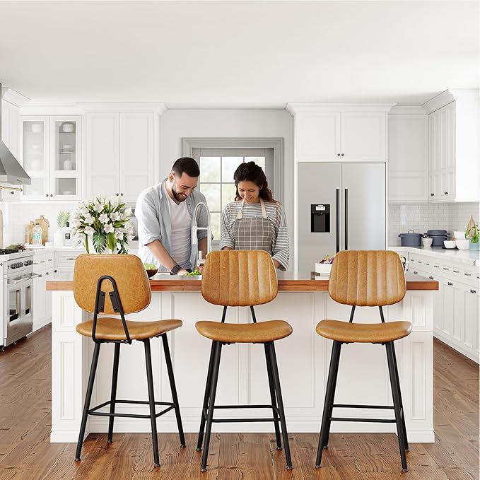 24-Inch Leather Bar Stools Set of 2, Counter Height Barstools with High Backrest，Bar Chairs for Kitchen Island with Heavy Duty Metal Legs, Brown