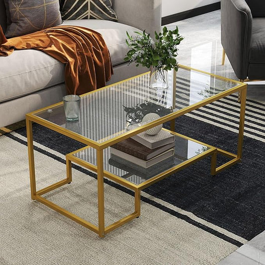 42" Rectangular Glass Coffee Table for Living Room, 2-Tier Center Tea Table with Metal Frame for Small Space, Apartment, Office (Gold)