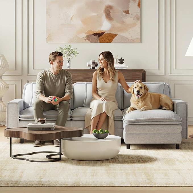 MALOL Modular Sectional Sofa 107", Comfy Cloud Couch with Ottoman, Deep 4-Seat L Shaped Modular Sofa, Couches with Throw Pillows for Living Room, Light Grey