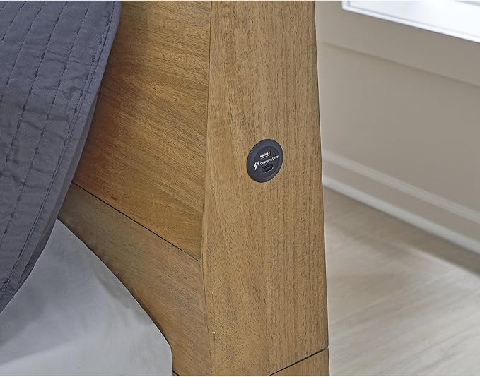 Signature Design by Ashley Sherbana Scandinavian Queen Panel Platform Bed with Bunkie Board and USB Charging Ports, Foundation or Box Spring Not Needed, Light Brown