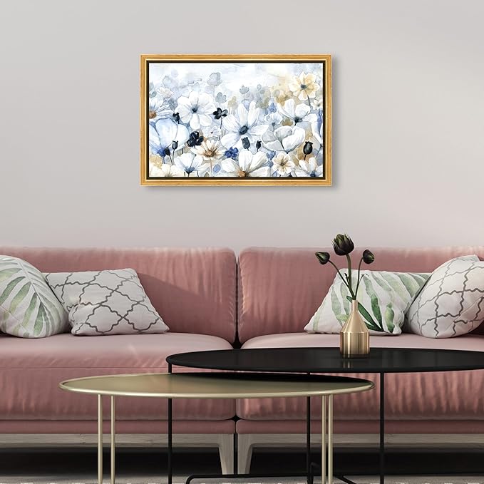 The Oliver Gal Artist Co. Floral and Botanical Wall Art Framed Canvas Prints 'Fields Flowers Home Décor, 15" x 10", Blue, White