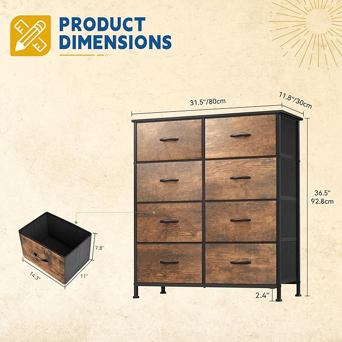 DWVO 8-Drawer Fabric Dresser, Rustic Furniture Storage Tower Cabinet, Organizer for Bedroom, Living Room, Hallway, Closet