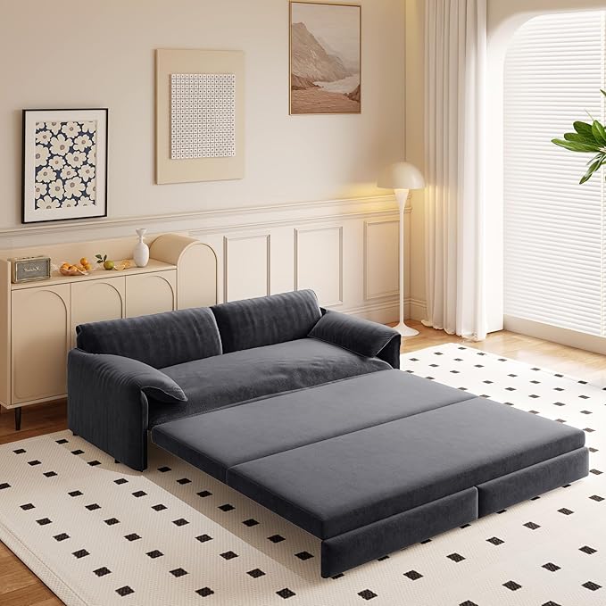 Eafurn 66" Convertible Sofa Bed Queen Size, 3-in-1 Pull Out Sleeper Couch Sofabed, Modern Velvet Loveseat Chaise Lounge w/Side Storage Pocket for Living Room Office | Removable Cushions