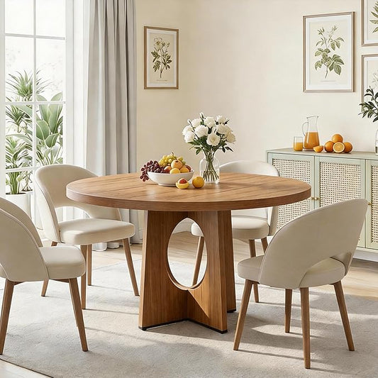 IDEALHOUSE 47" Round Dining Table, Kitchen Table for 4-6 People, Circle Tables with Sturdy Pedestal Base, Space Saving Dinning Room Furniture for Living Room, Kitchen, Apartment, Brown
