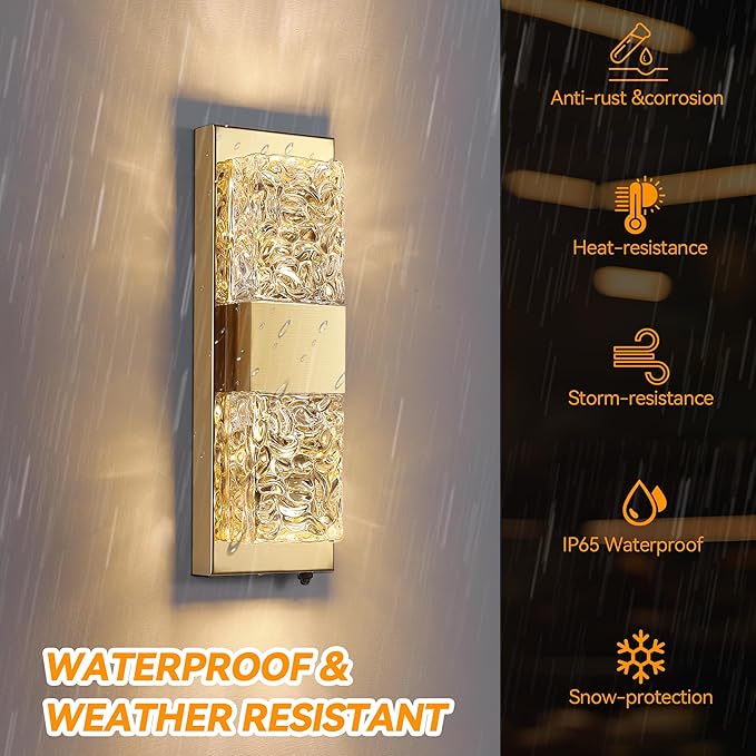 Dusk to Dawn Outdoor Lighting,Porch Lights Outdoor 14.2'' IP65 Waterproof Exterior Lighting Fixtures 12W LED Crystal Modern Outside Lights for Hallway Doorway Porch Patio Backyard, Gold, 2PCS
