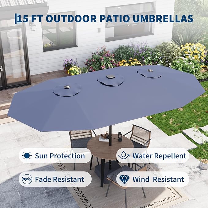 GarveeLife 15 FT Patio Umbrella with Base Included, Patio Table Umbrella with solar lights, 10 Sturdy Ribs UV Protection Waterproof for Garden, Pool, Deck, Backyard (Navy)