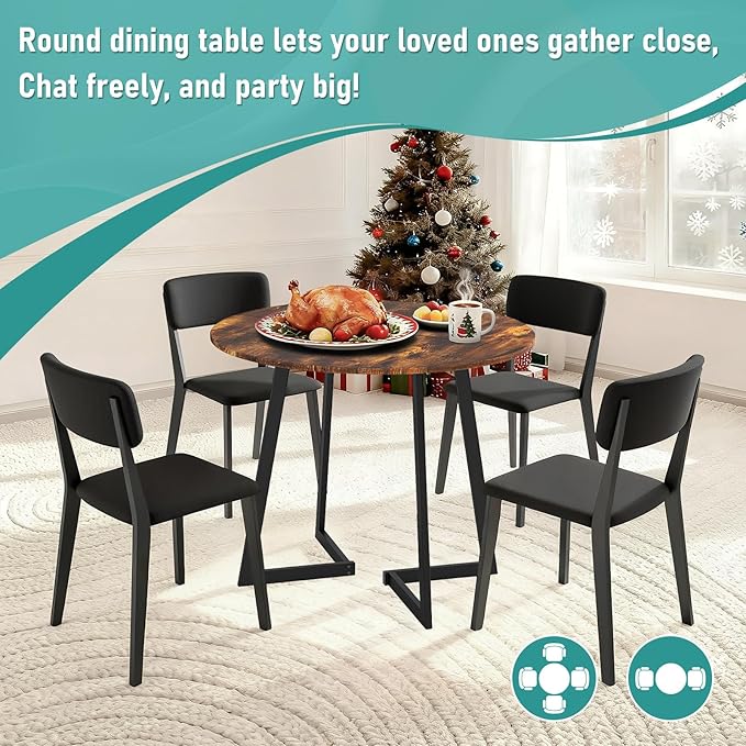 Karl home 35.4in Small Dining Table, Round Dining Table with Wood Finish Wing-Shaped Steel Legs, Circle Dinner Tables for Small Space, Apartment, Office, Kitchen, for 2 to 4 Person-Rustic Brown