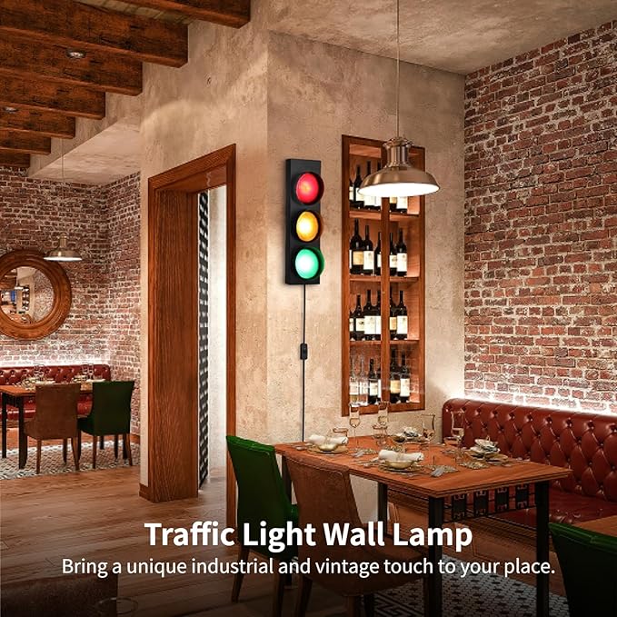 yeesport Traffic Light Wall Lamp, Retro Traffic LED Light with Remote Controller, Kids Bedroom Stop Light, Room Decor Light, Vintage Fun Signal Light for Bedroom, Living Room, Club, Bar, Pub (1)