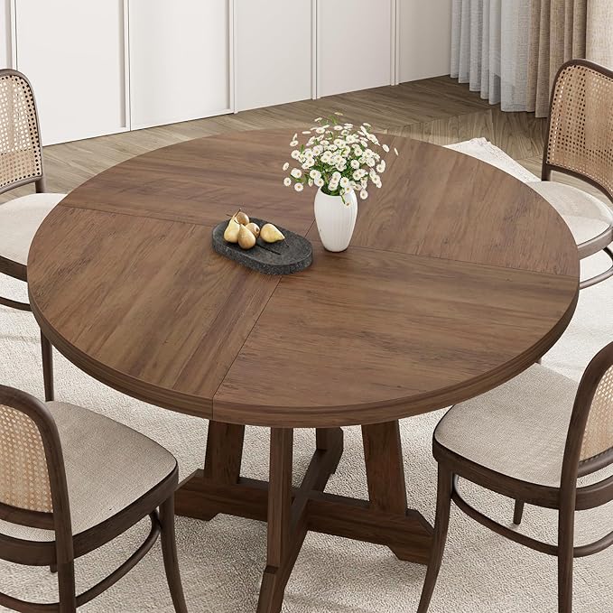 GarveeHome Round Dining Table for 4, 47 Inches Dining Room Table with Wooden Base, Kitchen Table with Circle Tabletop, Dinner Table for Dining Room, Kitchen, Living Room, Brown