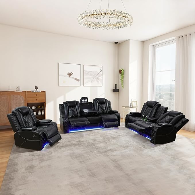 Power Recliner Sofa Set, Breathing Leather Reclining Couch Set, 3 Piece Living Room Furniture Set with LED Lights/Charging Ports/Storage for Home/Office (Black, Sofa+Loveseat+Chair)