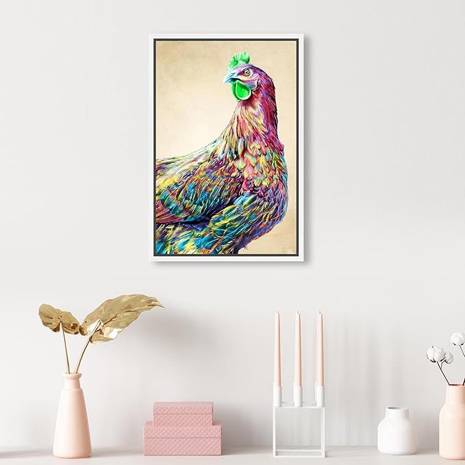 Country Farmhouse Canvas Print Painting Animal Wall Art 'Fun Colorful Glam Rooster' White Framed Canvas Rustic Home Décor 10x15 in Pink, Green by Oliver Gal