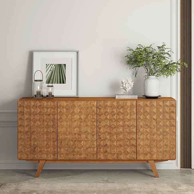 NTC Sapa Mid-Century Modern Solid Wood Sideboard – 4-Door Accent Buffet Cabinet with Carved Geometric Fronts, for Living Room, or Entryway, Effortless Assembly, Teak Look