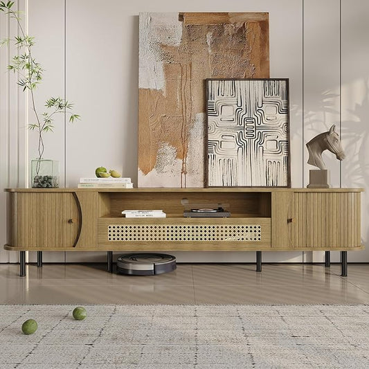 basenji 79" Fluted TV Stand with Sliding Doors & Rattan,Mid Century Modern Entertainment Center with Storage,Curved Edge Design,Media Console for TVs up to 85",TV Consoles for Living Room,Wood