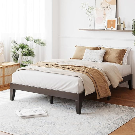 COLAMY 12 Inch Full Size Platform Bed Frame，Sturdy Wood Bed Frame with Wood Slat Support, No Box Spring Needed, Easy Assembly（ Espresso）