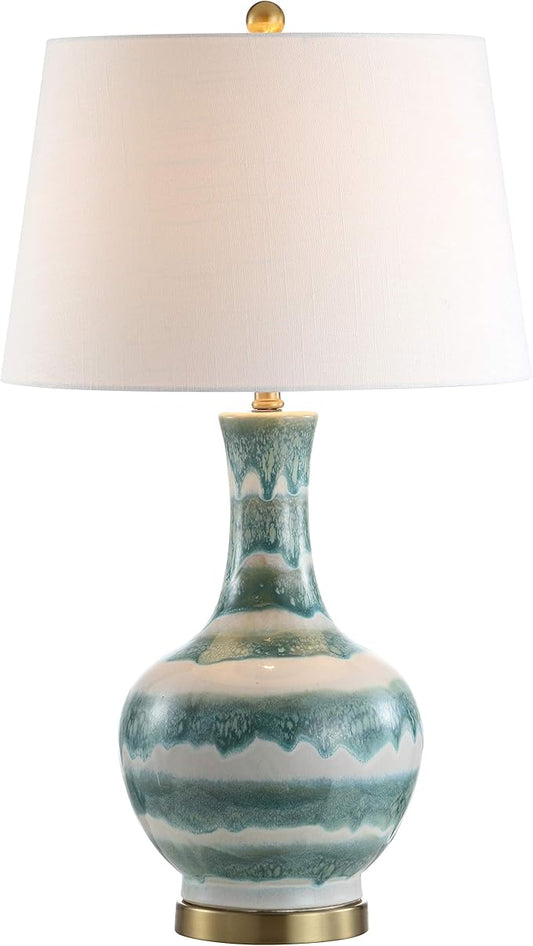 JONATHAN Y 30.5" Green/White Striped Ceramic Table Lamp for Bedroom Living Room, Modern Coastal Bedside Lamp with Gold Base and White Linen Shade, LED Bulb Included JYL3054A