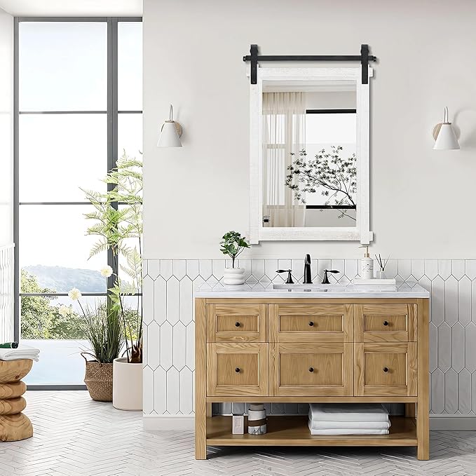 Besdomus Bathroom Farmhouse Wall Mirror: 24"x36" White Farmhouse Solid Cedar Wood Frame - Wall Mounted Mirror for Hallway/Living Room/Bathroom Upgrade - Rustic Wall Decor for Homemakers