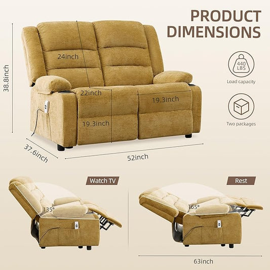 52Inch Power Loveseat Recliner,Electric Reclining Loveseat Sofa,Adjustable Love seat Recliner Sofa for Living Room,Bedroom with Charging Ports (Yellow)