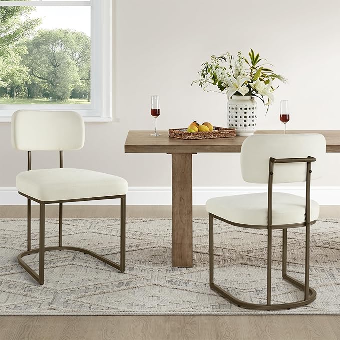 Dining Chairs Set of 6, Upholstered Modern Kitchen Chairs with Ergonomic Backrest, Fabric Cushion Seat & Wire Drawing Metal Legs for Living Room, Restaurant, and Café, White, 2Boxs