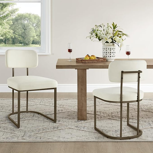 Dining Chairs Set of 2, Upholstered Modern Kitchen Chairs with Ergonomic Backrest, Fabric Cushion Seat & Wire Drawing Metal Legs for Living Room, Restaurant, and Café, White